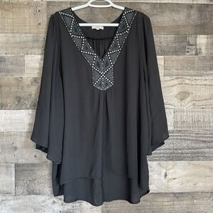 Halo Tunic Top Women's Size 1X Black Bling Sheer High Low Flutter Sleeve‎ Career